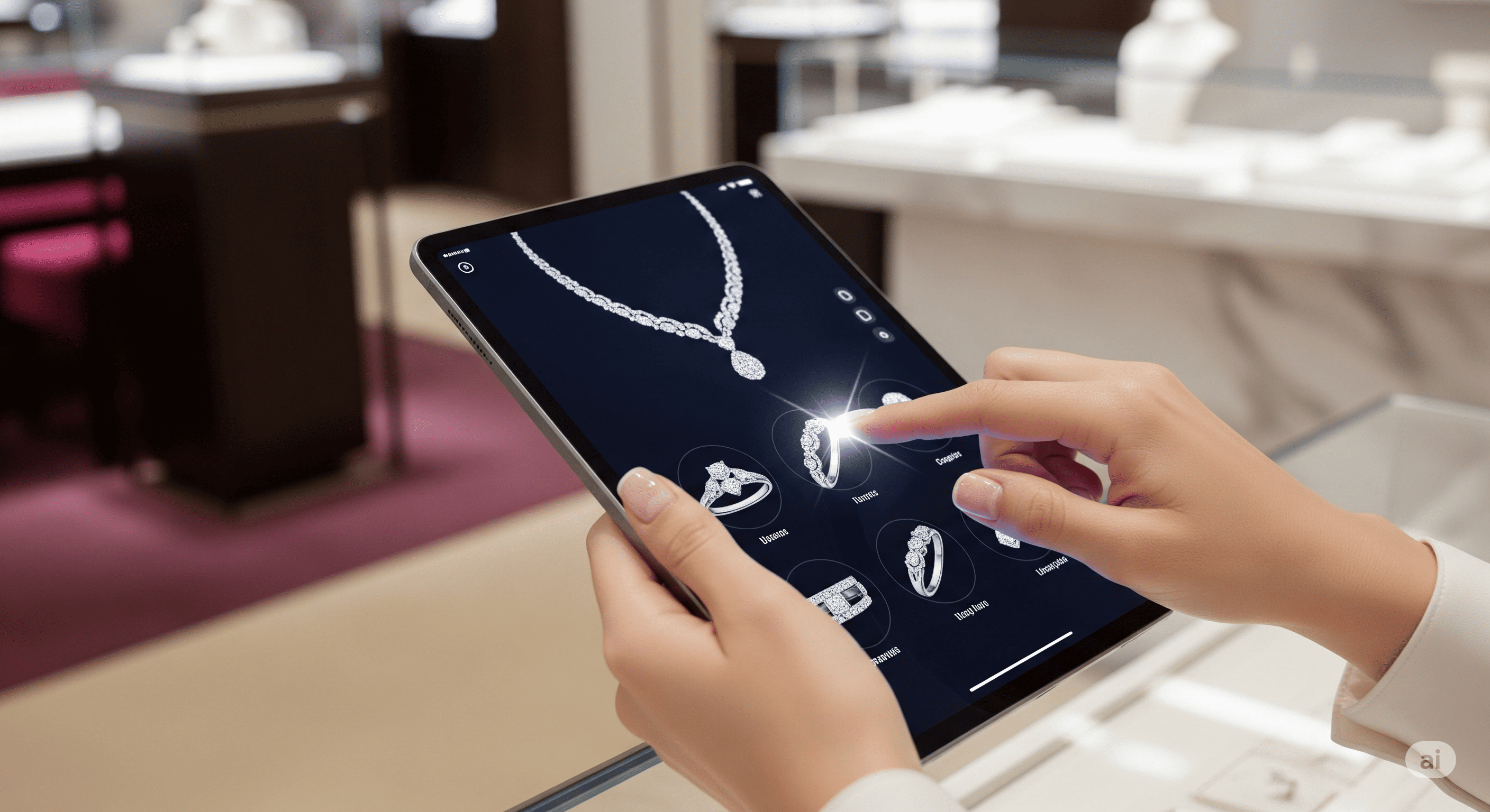 A person browsing a digital jewelry catalog on a tablet